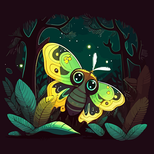 comet moth with big eyes, in a night forest, kawaii, vector illustration, vivid color, cartoon design,