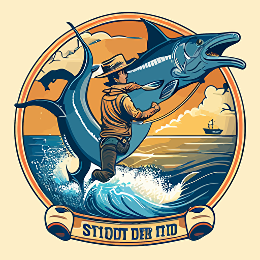 Retro Logo and brand for the "Saltwater Cowboy OBO" featuring a 2016 model seahunt fishing boat, young athletic Cowboy, tan skin, wearing a cowboy hat, sunglasses, riding on top of a large blue marlin jumping out of the ocean with the sunset in the background, flat, vector, 2D, comic book hero style