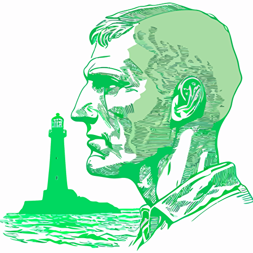 vector drawing of an outline of a head with a lighthouse, ideas coming from the head, solutions, green, life