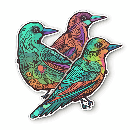 birds, Sticker, Energetic, Tertiary Color, light art style, Contour, Vector, White Background, Detailed