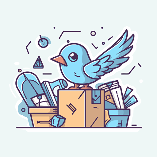Blue bird flying over gift boxes holding a magnifying glass. doodle style vector minimalist
