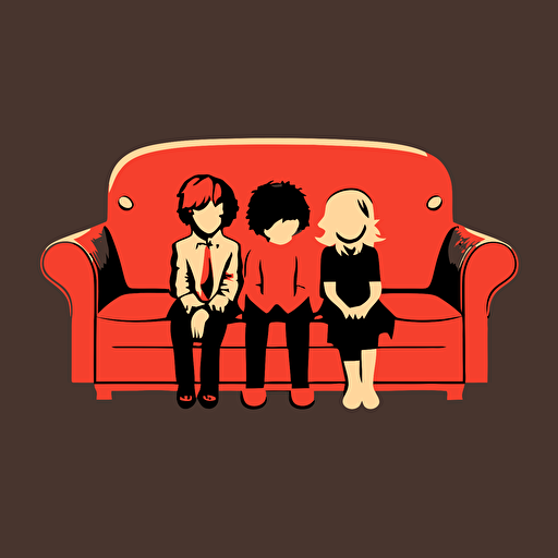 2 boy and 1 girl sitting on a couch, simple vector art, steamy