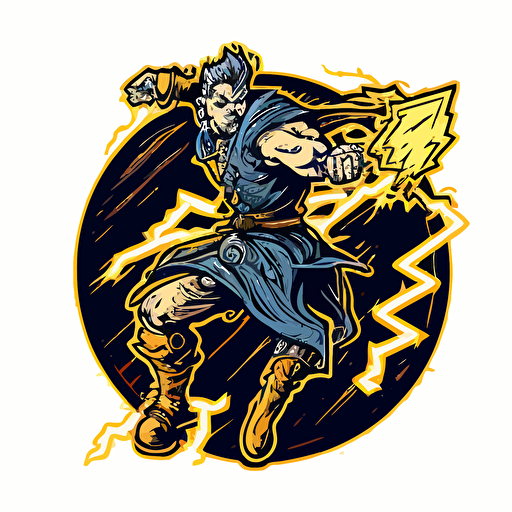 A_coin_emblem_logo_for_a_Old Mage with a lightning staff in an action pose, Above waist only, code style, color, vector