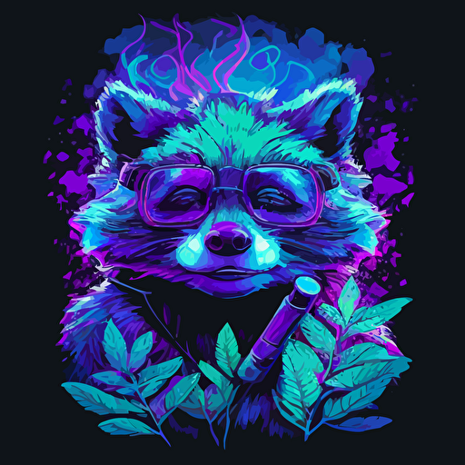 racoon caracter, glasses, smiling, high of marihuana, looking like a junky, simple vector art style, simple illustration, vector, hdr, purple and neon blue. color,