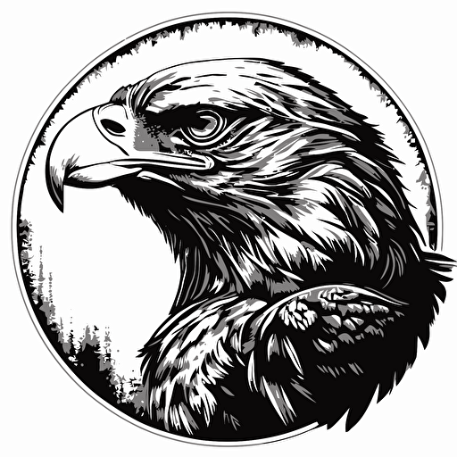 an eagle head vectorized drwing in black and white in a circular shape