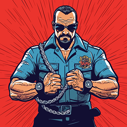 the boss man from WWE, holding handcuff in one hand and holding baton in other hand, police dress, angry look, vector art