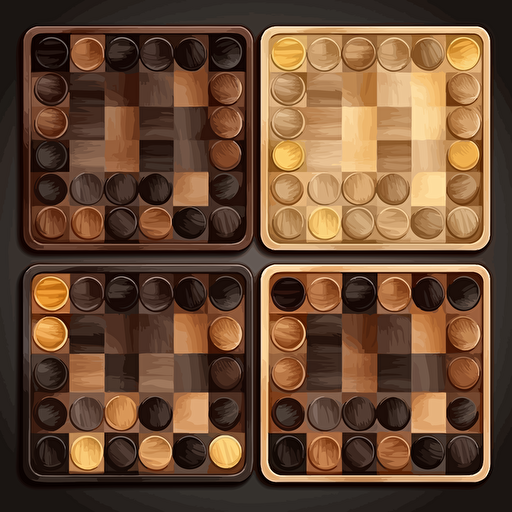 vector based checkers pieces for checkers game. wooden, wood grain, dark and light, with board layout too. Show induvidual pieces off of board
