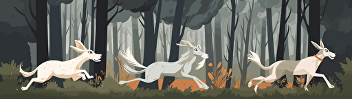 cartoon vector illustration of a wolf pack running and hunting rabbits in a forest