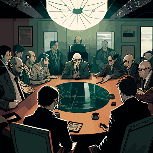 Drawing from the idea of collaboration, design a vector illustration of Satoshi Nakamoto joining forces with other influential figures from the world of technology to create a groundbreaking new project that revolutionizes the way we think about currency. Set the scene in a futuristic conference room.