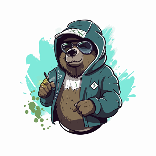 2d Minimalist logo design of a futuristic bear smoking marijuana dressed in hip hop attire, splash art, vector art
