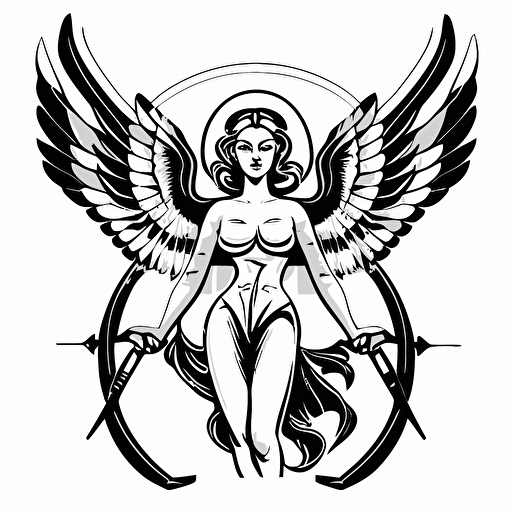A female angel on white background, symmetrical, flying, fantasy, illustration art, vector drawing, cutout, black and white, in the style of archer cartoons.