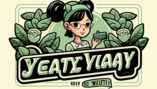 retro illustration style logo as a cartoon, it is for an instagram profile that will deal with cozy games in sage green tones, with a video game theme, that is a gamer girl with black hair and glasses who likes plants and plays video games in pc gamer you can add a keyboard and mouse and the girl's name is yeyekat logo vector, in the style of alex gross, emphasizes emotion over realism, jim mahfood, fish-eye lens, vaporwave, pierre-mony chan, dreamy realism