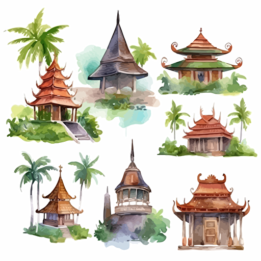 thailand,vector watercolor ,element,Games Asset,sprite sheet,white background