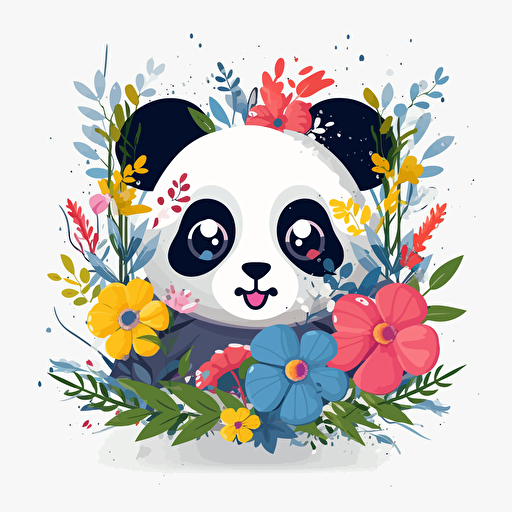 panda, flowers, detailed, cartoon style, 2d clipart vector, creative and imaginative, hd, white background