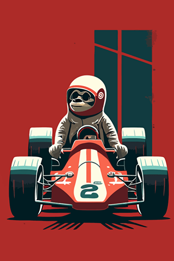 sloth on a F1 formula car, driving fast, minimalistic vector art,