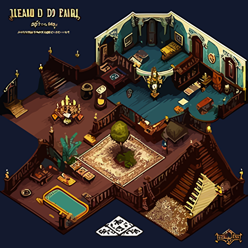 a top down 2d game level, full map, haunted mansion, vector, bedroom, four poster bed, dining hall, kitchen, ballroom, staircase, conservatory, intricate furniture, statues, framed paintings, rococo, baroque, cute