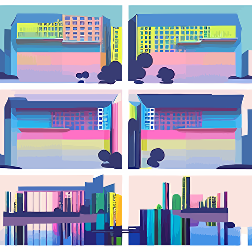 urban architecture, flat style, simple modeling, bright colors, gradient colors, minimalist, wide angle, suzhou city, vector illustration, super detail