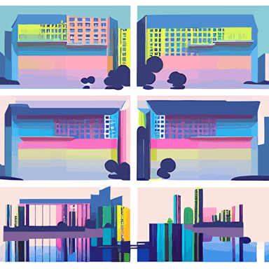 urban architecture, flat style, simple modeling, bright colors, gradient colors, minimalist, wide angle, suzhou city, vector illustration, super detail