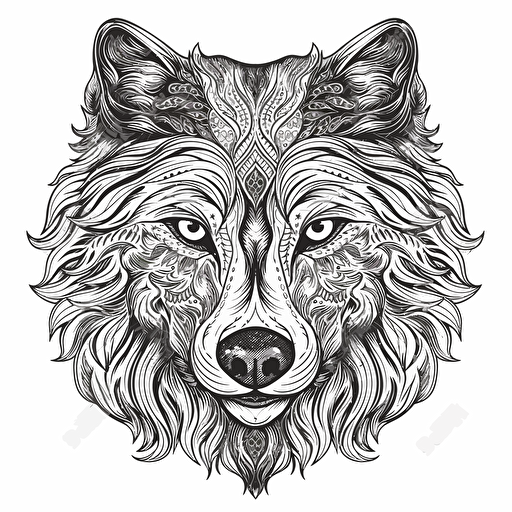 very detailed wolf face, black and white design, vector isolated on white