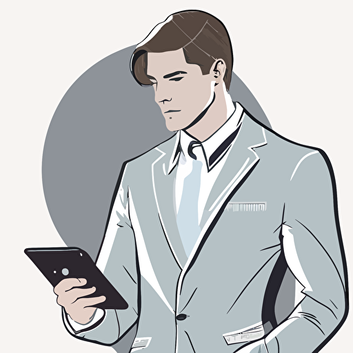2d vector art, man using a suit holding a tablet and looking at it