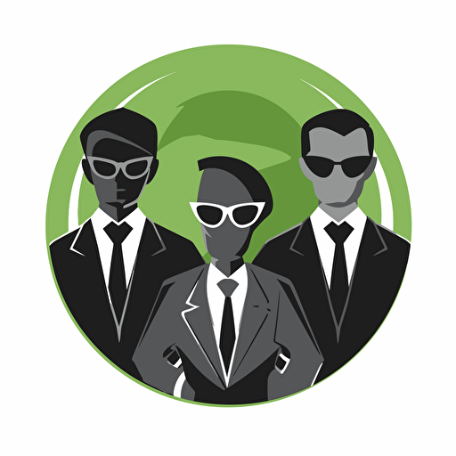 a vector, black, green, grey, simple logo showing three government agents with suites and sun glasses in front of a large alien spaceship, no background