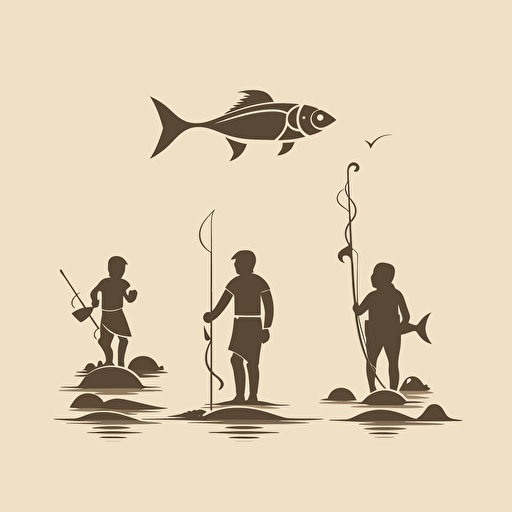 ancestral humans fishing, minimalist design, vector