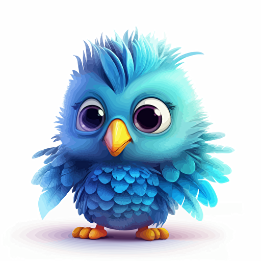 happy, cute, blue bird, big head, large shiny eyes, small wings, small legs, subtle gradients, colorful feathers, vector art, 2d