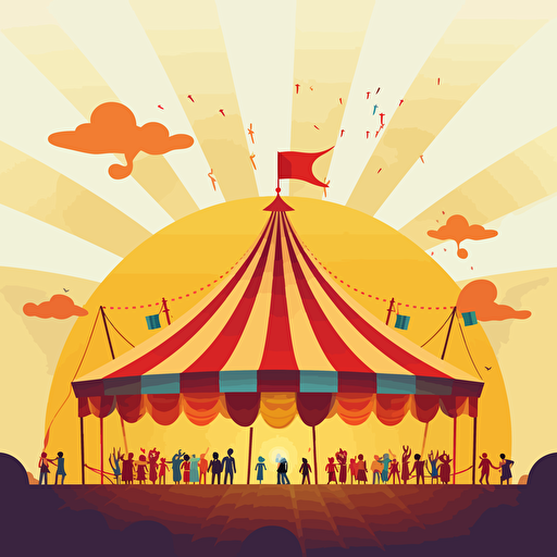 simple flat illustration of a circus tent at a fair with a ride in the background, a few silhouettes out front, simple vector image