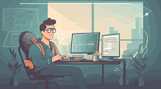 vector art of programmer holding money and happy while in a programming office , 2d , details ,