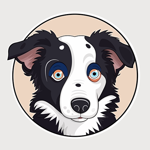 a cute smiling border collie, sticker, vector, big eyes, one blue, one brown