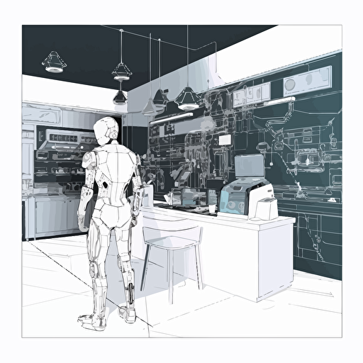 2D vector coffee shop in minimalism cyberpunk style. Colors: FB6B00 and 000000. Background white