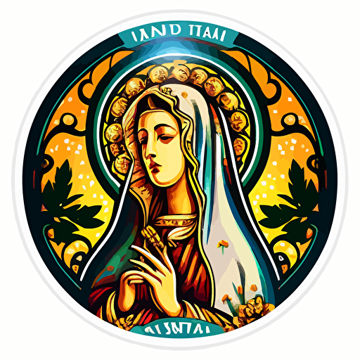 our lady of fatima, religious imagery, praying, sticker, vector, vivid colors