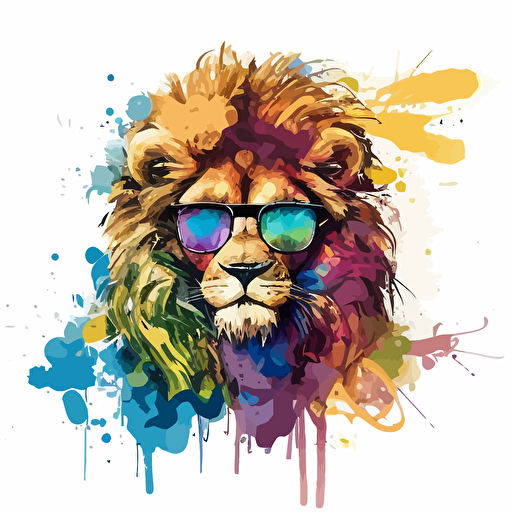 a very cute baby lion big mane wearing sunglasses, as a cartoon type, as a vector, white background, bright graffiti colors