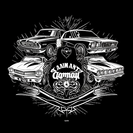 a band logo with drag cars, white on black, clean vector