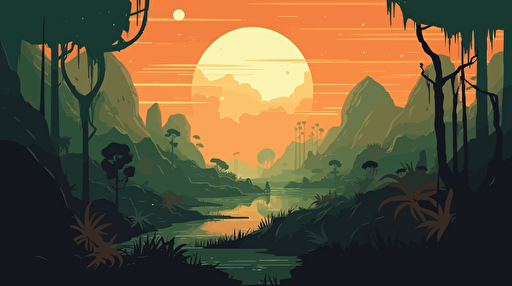 a jungle planet, floating in space, hazy atmosphere, orange and green colors, vibrant, flat vector illustration
