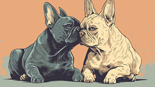 "Create a vector illustration style artwork featuring a Bengal cat and a French bulldog representing love and companionship."