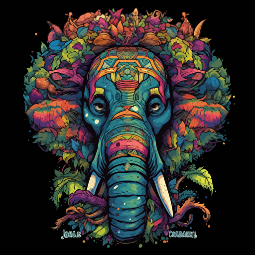 marijuana elephant mask totem roots flower tribal feather gem plant tree stone shaman aquarius video game vector cutout illustration bright multicolor borderlands comics by josan gonzales and dan mumford radiating a glowing aura, v9