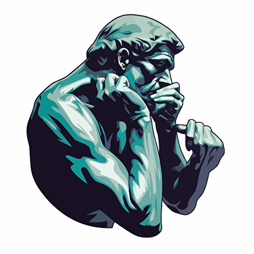 Sticker, close-up of The Thinker by Auguste Rodin, vector, by Shepard Fairey, color purple teal black white, no shadow, white background