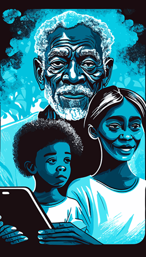 Elderly black man holding a tablet, smiling family behind him, abstract background, vector art, blue and white and dark gray, by Jean Giraud,