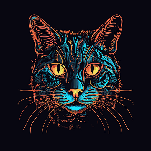 vector, neon cat, retro, black background