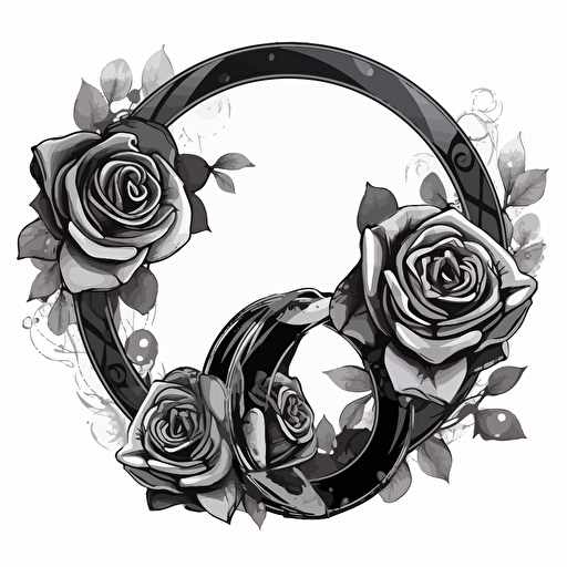 a wedding logo, black an white, shall contaion roses, two rings, no grey shades, vector art, shall be circular, flat desing