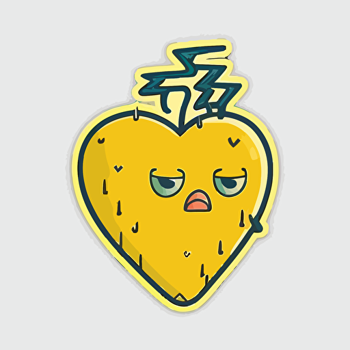 Very cute yellow heart filled inside with thunders pixar style, 2d flat design, vector, cut sticker