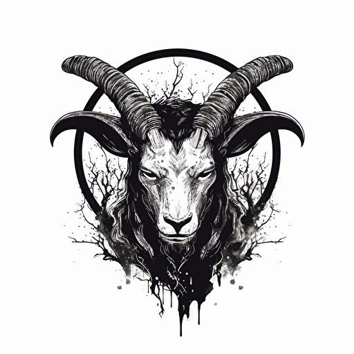 flat vector logo, black and white, ink style, cresent black moon, black stylized moon, goat eye, moon, tree black tears, with the word: volva