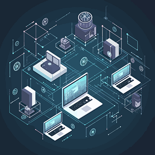 blockchain dev working on computer connected to a network of devices around the world, 2d, vector, izometric,