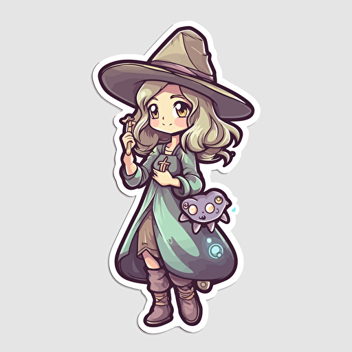 witchy, Sticker, Adorable, Muted Color, Yugioh Design, Contour, Vector, White Background, Detailed