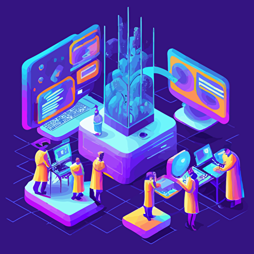 isometric vector illustration with a beautuful bright gradient blue purple gold color palette. Several human scientists are performing various image annotation tasks, consulting metrics and analytics, creating regions of interst on a computer