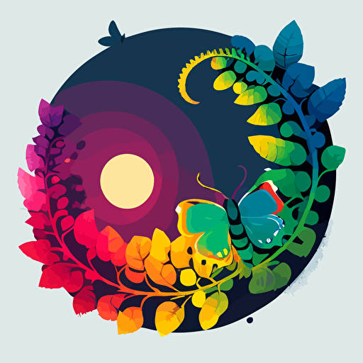 catterpillar transformation into butterfly, illustration, 2d, simple, vector art, creative, colorful, circular