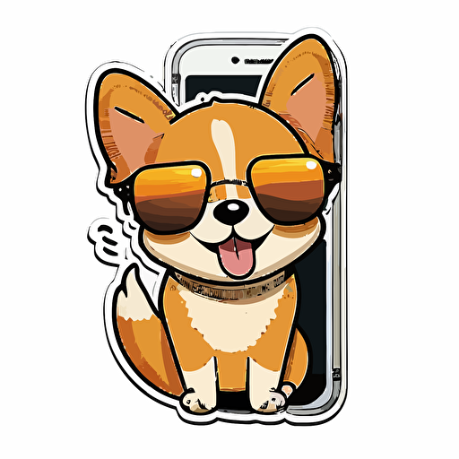Kawaii cute happy dog wearing handphone sunglasses, professional Sticker Design vector, contur white background