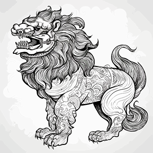 vector of a shisa guardian lion-dog, black line work, no color, side view