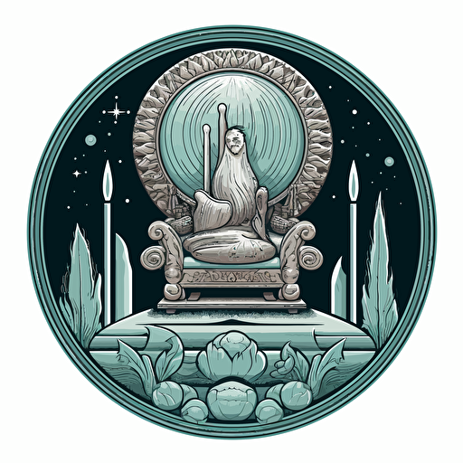 coin looking like a moon, in the middle a Asparagus sitting on a throne, vector